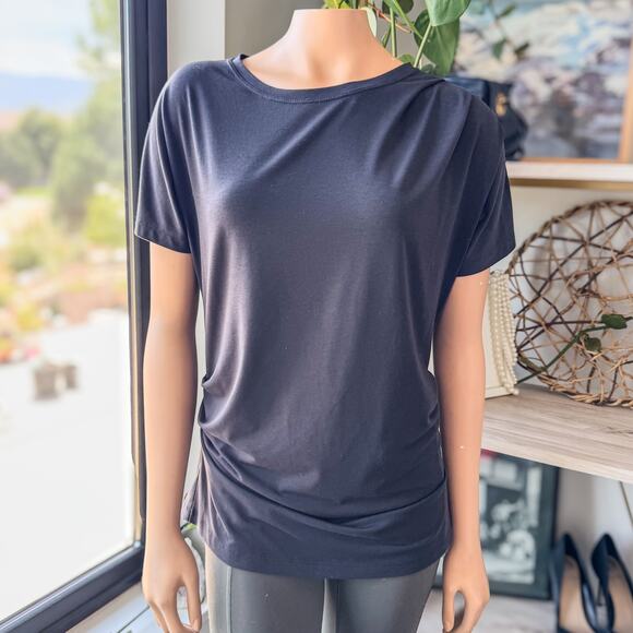 Athleta Essence Pleated Ruched Short Sleeve Relaxed Fit Black Tee-Women’s Medium - Picture 4 of 8